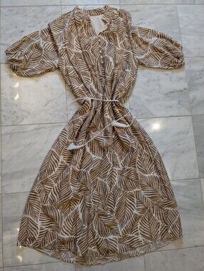 Women's Beige Leaf-Print Midi Dress